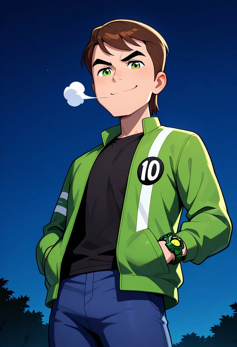 masterpiece, best quality, amazing quality, very aesthetic, absurdres, newest, detailed background,
solo, benuaf, short hair, 1boy, brown hair, green jacket, open jacket, black shirt, long sleeves, thick eyebrows, blue pants, green eyes, green watch, angry, smile, wide face, wide head,
jacket blowing in the wind, from below, looking at viewer, hands in pocket, smug smile, night time,