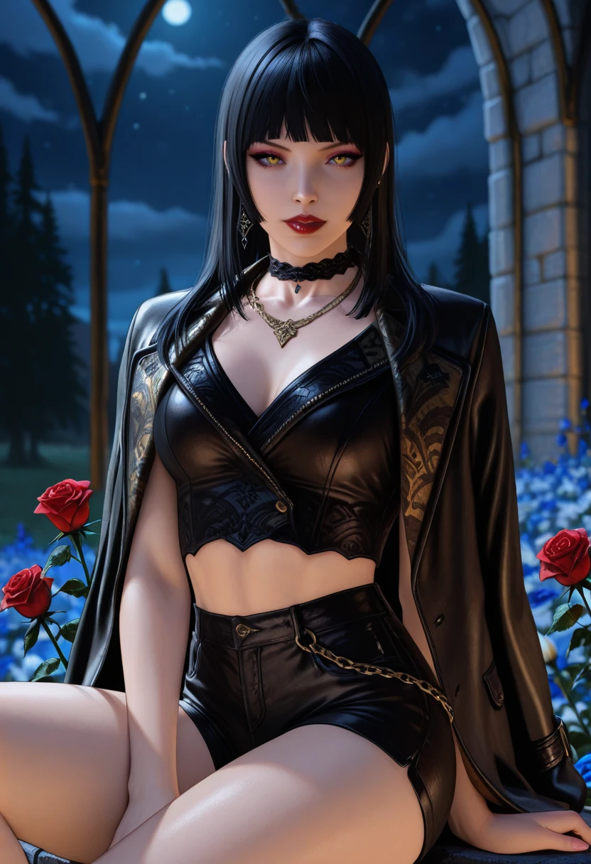 masterpiece, very aesthetic, best quality, absurdres, newest, solo,
<lora:ILFFGentiana:1>
FFGentiana, 1girl, black hair, long hair, blunt bangs, looking at viewer, jewelry, black choker, sitting, necklace, earrings, rose, jacket on shoulders, night, outdoors, red lips, black shorts, chain, red flower, blurry background, crop top