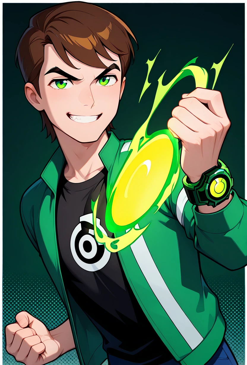 <lora:benuaf-08:1> benuaf, short hair, 1boy, brown hair, green jacket, open jacket, black shirt, long sleeves, thick eyebrows, blue pants, green eyes, dark green background, showing off green watch, angry, smile, clenched teeth, omnitrix watch, looking at viewer, arm forward, masterpiece, best quality, amazing quality, very aesthetic, absurdres, newest,, upper body, halftone effect, white borders, abstract background:1.2,