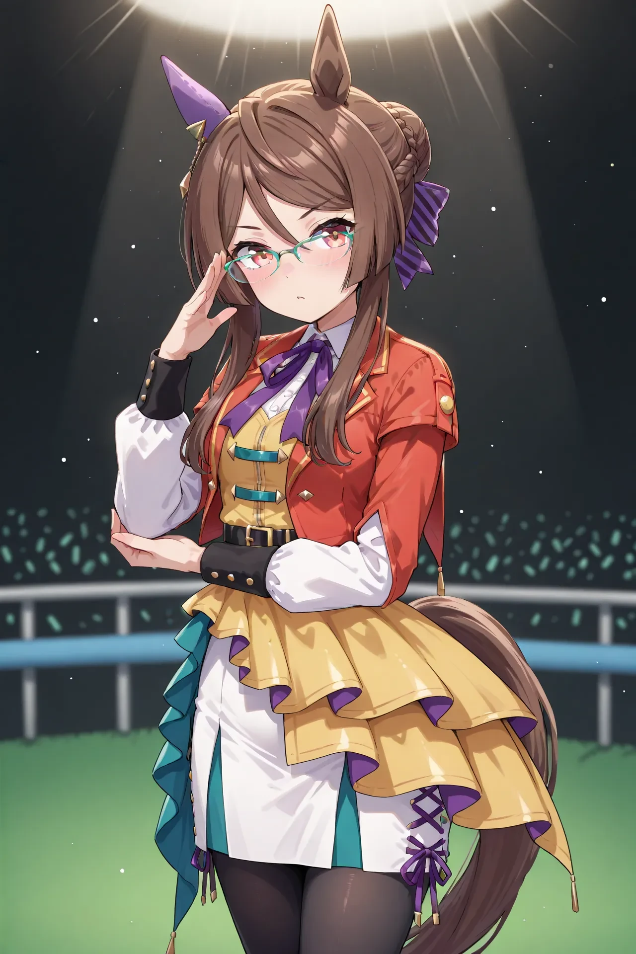 royce and royce \(umamusume\),horse ears,horse girl,horse tail,glasses,green-framed eyewear,brown hair,hair between eyes,red eyes,hair bun,long hair,very long hair,ear cover,long sleeves,purple bow,purple ribbon,ribbon,red jacket,jacket,yellow shirt,shirt,waist cape,white skirt,pantyhose,<lora:Royce_and_Royce:0.8>,