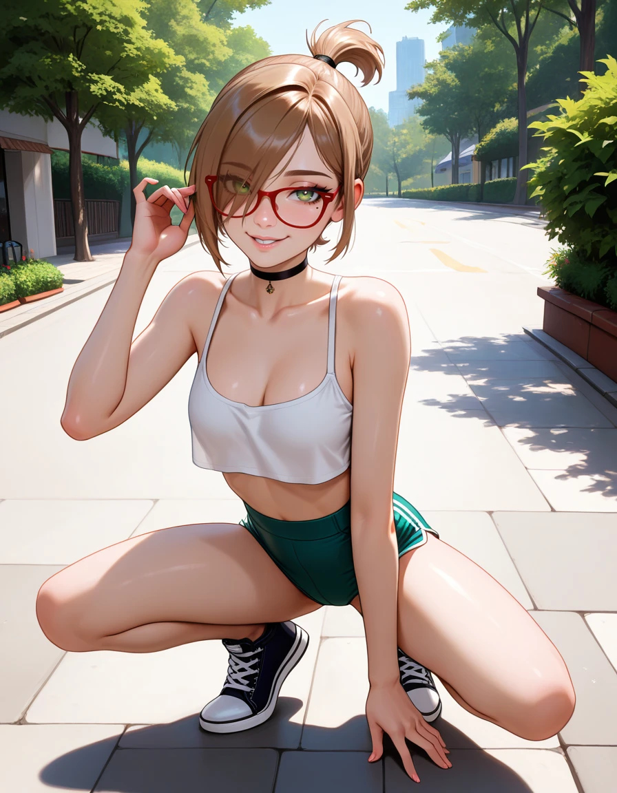 masterpiece, best quality, very aesthetic, absurdres,
outdoors,
full body, seductive smile, parted lips, long eyelashes,
<lora:Darcy_Redd_v01_NAIXL:1>
D4rcy_r3dd,1girl,solo,short hair,brown hair,ponytail,hair over one eye,red-framed eyewear,green eyes,mole under eye,choker,
