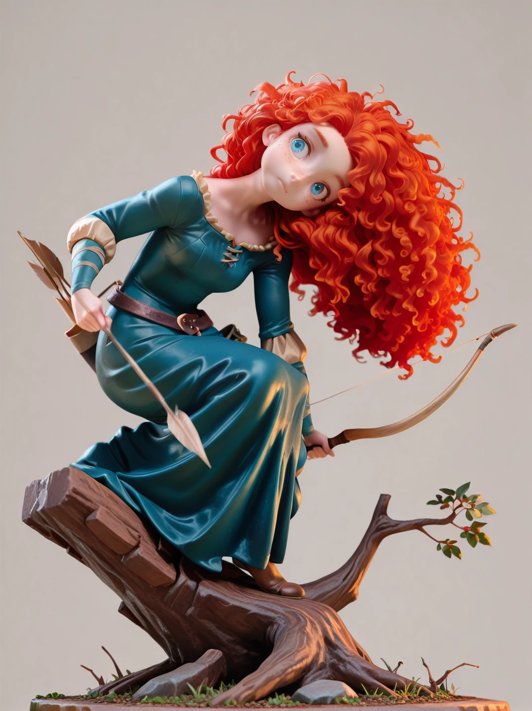 highres, hi res, best quality, masterpiece,
1girl, (MeridaXL:1), red hair, blue eyes, curly hair, big hair, freckles, green dress, long sleeves, belt,
simple background, full body, on knee on tree, holding bow \(weapon\), from side, on base, head tilt,
<lora:MeridaBraveXLV2_Character:0.75>,, <lora:ill-xl-01-pvc_2:0.85>
