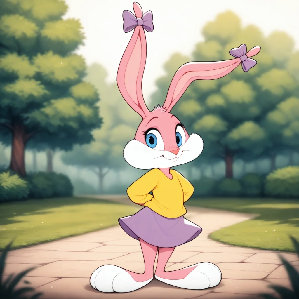 <lora:BabsBunnyOr9_YM:0.7>, solo, Babs, cub, bunny, girl, cartoon, blue eyes, pink nose, pink body, pink head, pink ears, pink legs, white cheeks, white feet, erect ears, yellow T-shirt, purple skirt, purple bows on the ears, mouth closed, standing, hands behind back, in the park
BREAK, masterpiece, best quality, high quality, particles effect, [:by Desubox:0.15], [:by Anchee, by Snowskau:0.55], detailed background, detailed foreground, depth of field, backlighting