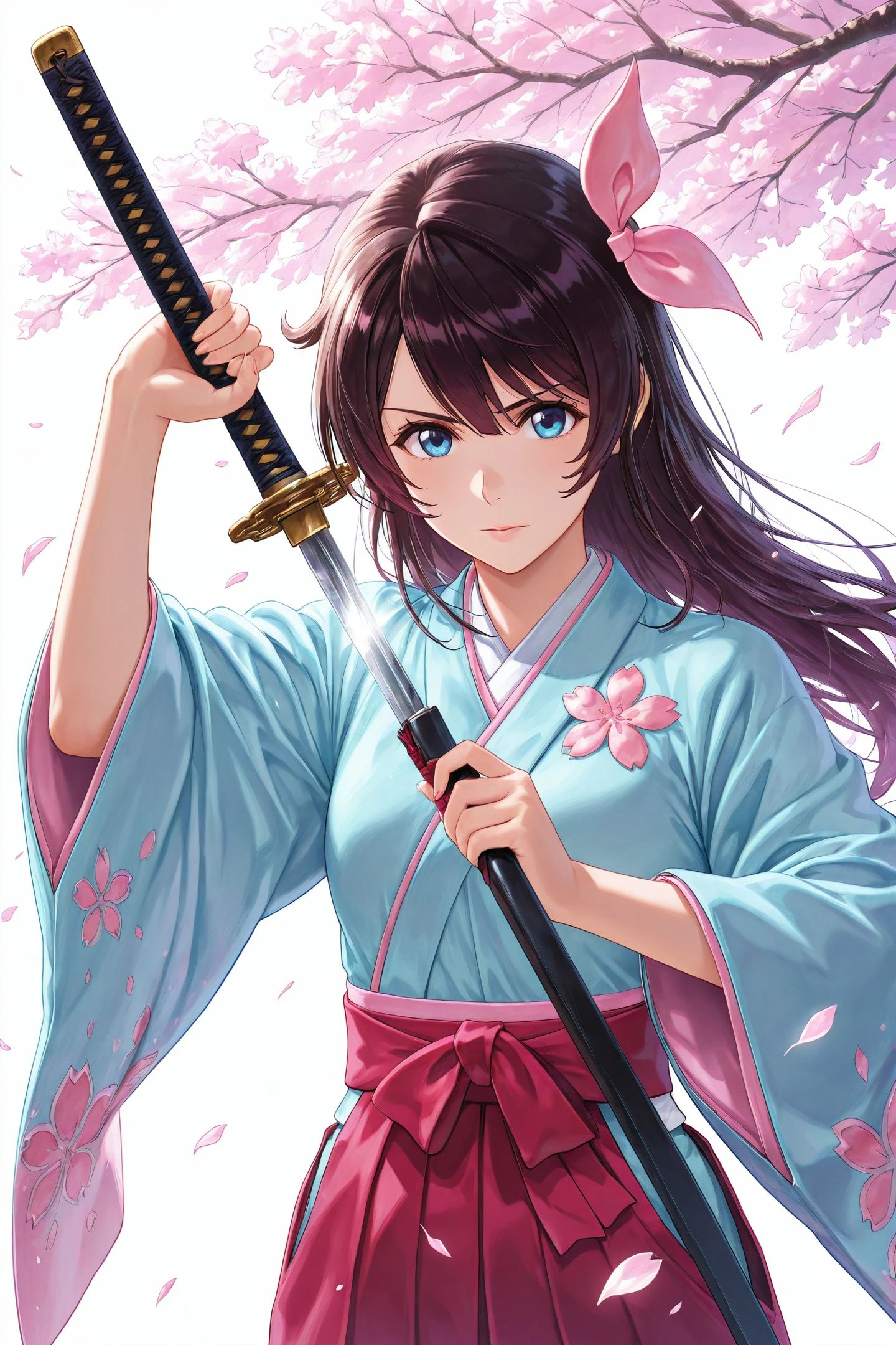 Sakura Amamiya,1girl,weapon,sword,solo,katana,japanese clothes,long hair,boots,hakama,holding weapon,hakama skirt,blue eyes,holding sword,holding,skirt,looking at viewer,kimono,white background,brown hair,petals,wide sleeves,ribbon,cherry blossoms,black hair,upper body,
<lora:New Sakura Wars_illustriousXL:0.9>,