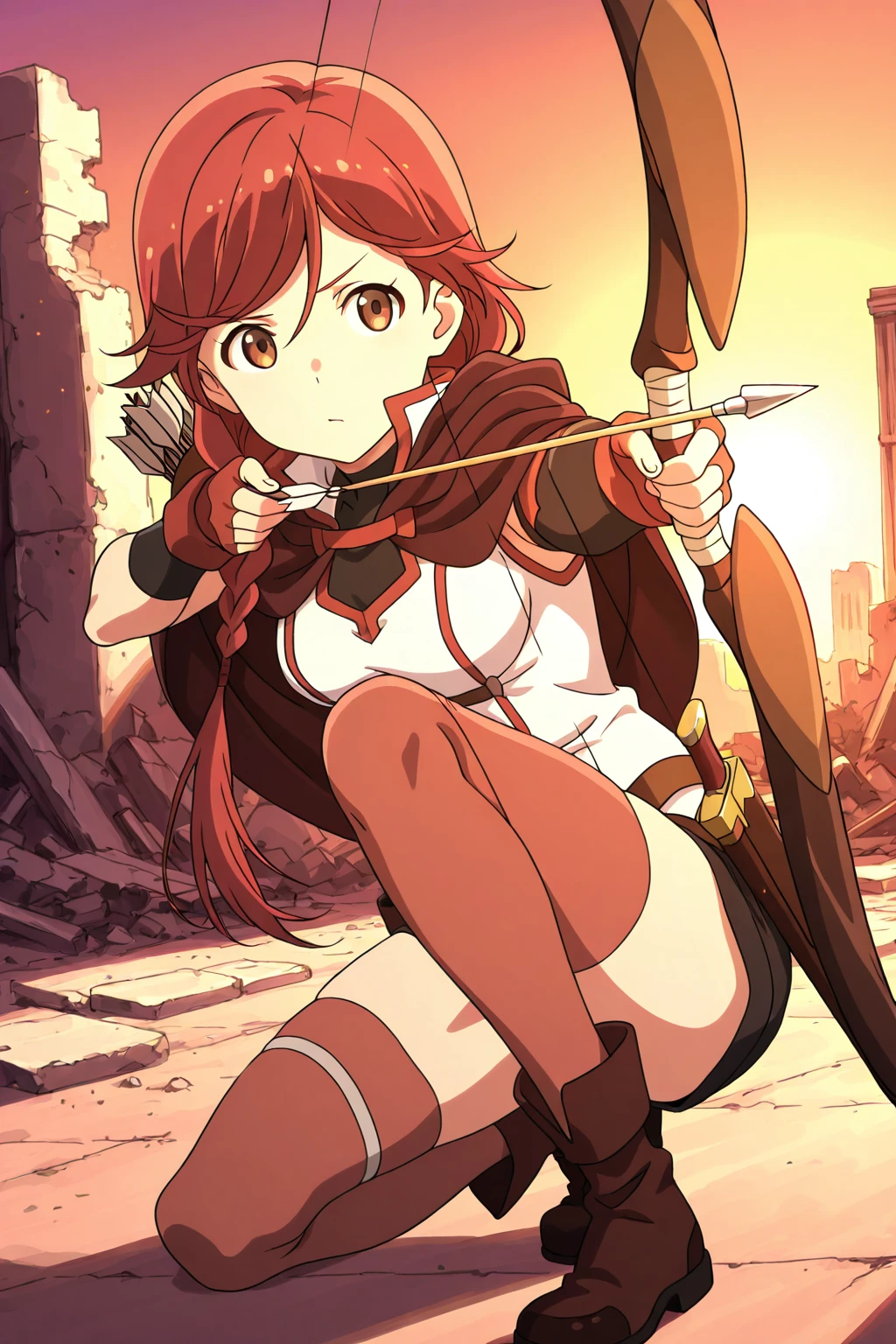 anime,best quality,extremely detailed cg unity 8k wallpaper,ray tracing, cinematic lighting,nsfw,
ruins,sunset,one_knee,drawing_bow,arrow,quiver,nsfw,scabbard,yume1,thighhighs,fingerless_gloves,boots,cape,red_hair,single_braid,brown_eyes,<lora:yume_ill:0.9>