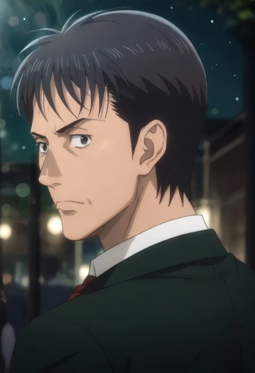 (score_9, score_8_up, score_7_up,masterpiece,best quality,ultra-detailed,source_anime,Japan anime style,perfect anatomy,Glaring,),1boy,male focus,solo,handsome detailed face,Tosu_Tetsuo,slim,black hair,short hair,black eyes,collared shirt,necktie,jacket,on the street,Bokeh,((Bokeh,Cinestill 50 film,looking back,Flapping)),<lora:Tosu_Tetsuo:1>,<lora:add-detail-xl:1>,<lora:age_slider_v4:2>,<lora:Pony Muscle slider:-1.5>,