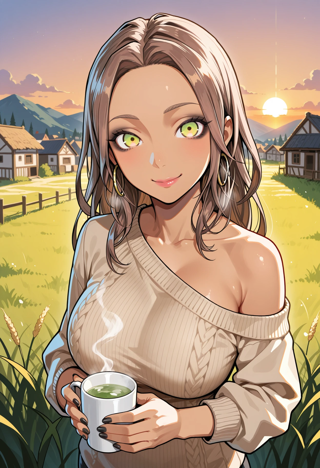 unholy-aesthetic,masterpiece,best quality,amazing quality,very aesthetic,absurdres,ultra detailed face,ultra detailed eyes, BREAK <lora:MiraZ:1> mirka, 1girl, large breasts, multicolored eyes, green eyes, yellow eyes, brown hair, long hair, hoop earrings, black nails, lipstick, black eyeshadow, holding a cup, steam,swirling steam, white fog, beige sweater, botomless, standing, single bare shoulder, looking at viewer, smiling, village,sunset,green grass
