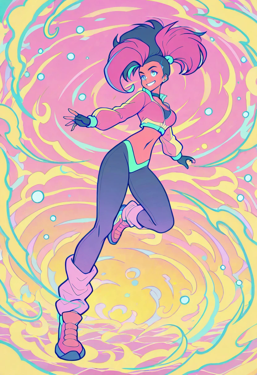 1girl, solo, full body, <lora:MoikaLoopIllustriousXL_byKonan:1> 1girl, moika, big hair, pink hair, two-tone hair, multicolored hair, undercut, black hair, ponytail, blue eyes, hairclip, dark skin || black choker, cleavage, cropped jacket, long sleeves, fingerless gloves, black gloves, grin, midriff, navel, leggings, leg warmers, shoes, <lora:Artist_Kanchiyo_Pastel_Bloom_Illustrious:0.6> KCYPastelBloom, psychedelic background, vibrant colors, pastel tones, bold lineart, flat shading, colorful swirl background, vaporwave influence, pop art aesthetic, dynamic pose, masterpiece, best quality, amazing quality, very aesthetic, absurdres,