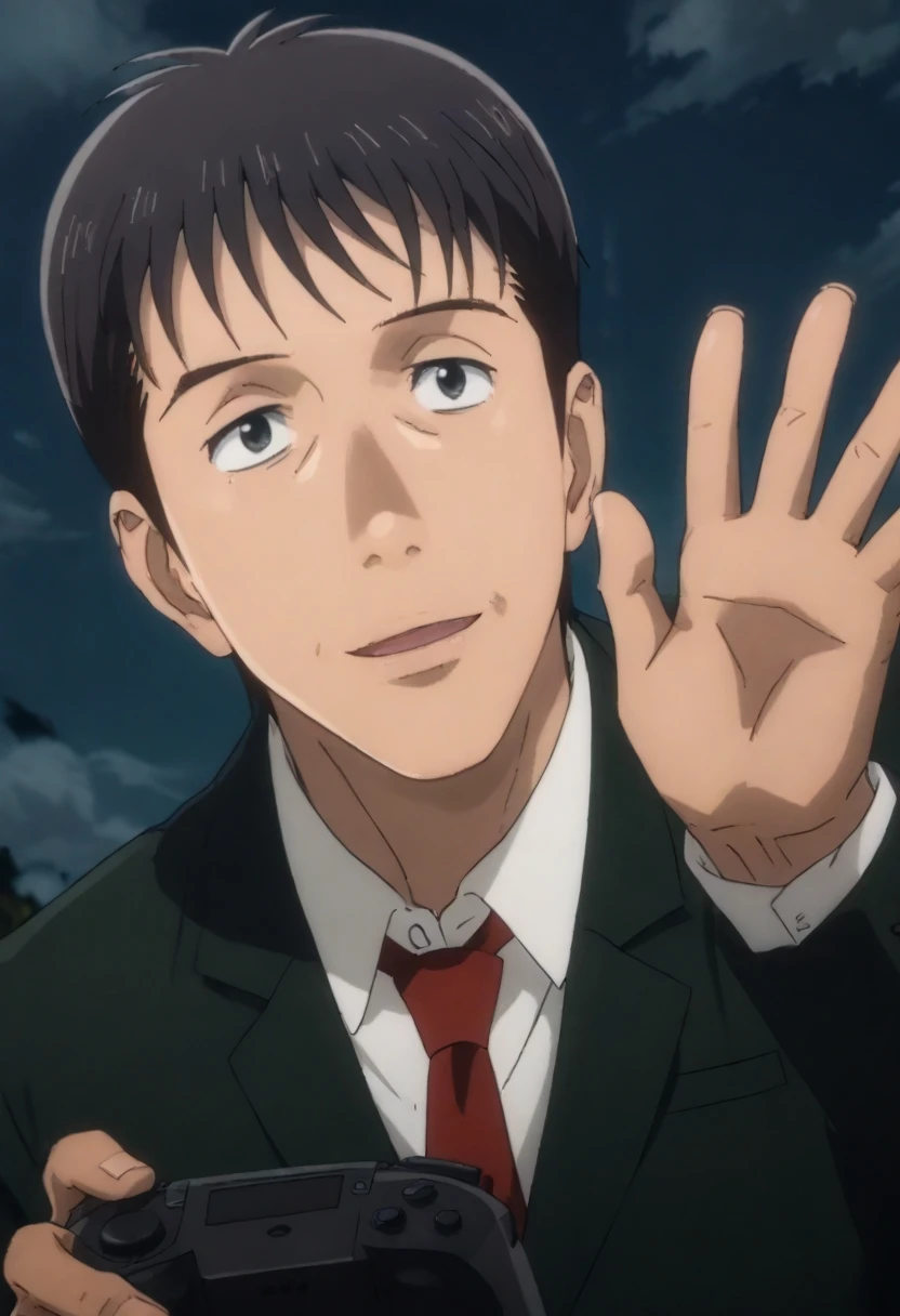 (score_9, score_8_up, score_7_up,masterpiece,best quality,ultra-detailed,source_anime,Japan anime style,perfect anatomy,Happy Halloween,),1boy,male focus,solo,handsome detailed face,Tosu_Tetsuo,slim,black hair,short hair,black eyes,collared shirt,necktie,jacket,dynamic angle,dynamic pose,(((Tilt-shift photography,DJI,looking up,playing games,waving arms,looking up))),<lora:Tosu_Tetsuo:0.9>,<lora:add-detail-xl:1>,<lora:age_slider_v4:2>,<lora:Pony Muscle slider:-1.5>,