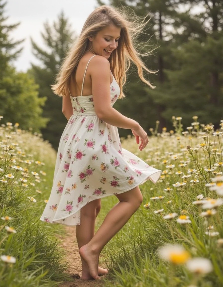 "A girl walking barefoot through a blooming meadow, floral dress fluttering, looking back over her shoulder with a peaceful smile" woman,<lora:miriamhamberg:1>,<lora:aidmaFeetFix:0.5>,aidmaFeetFix,beautiful feet,soles of the feet,
