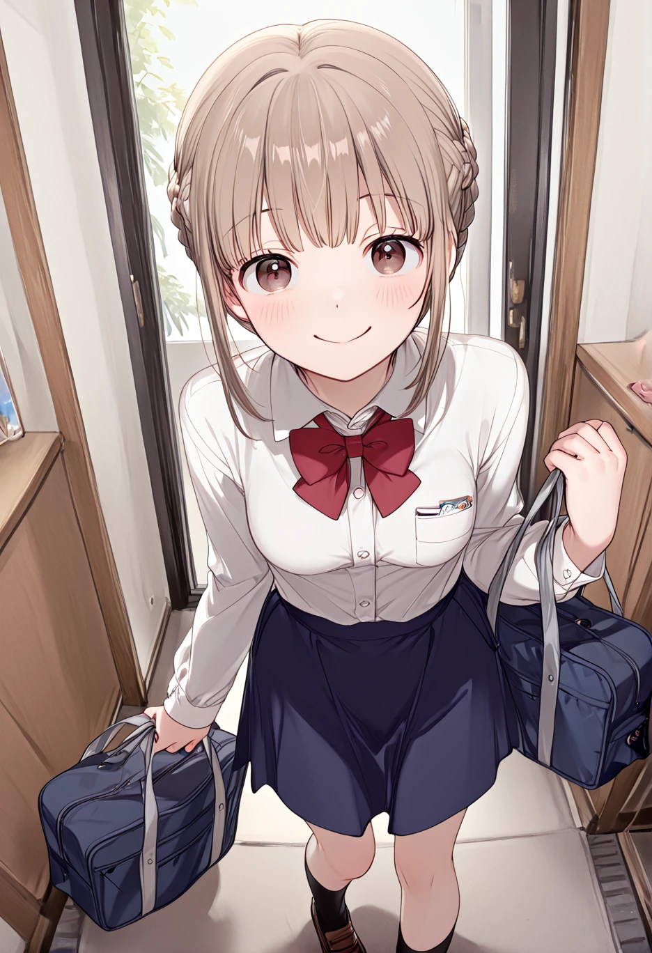 great quality,1girl,solo,almic,(akakura,ogipote,:0.75),,, <lora:ENStyle:0.6> <lora:shimmering:0.6><lora:momisanC:0.4>,front door,great quality, indoors, solo,1girl,white shirt,(red bow:0.7),pocket and button shirt,dark blue skirt,,holding bag, blue bag,smile,day,flaxen hair,light brown hair,dark brown eyes,updo,braid updo,small medium breasts,,completely nude,nude,(red bow:0.8),black socks,<lora:Front_Door_View1_V1:1>,looking at viewer,out of frame, face close-up,Balancing on one foot,,,hyper-deformed face, o_o,