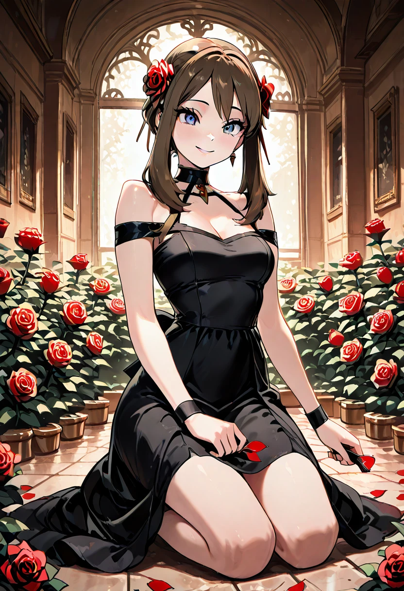masterpiece, best quality, 1girl, solo, eyelashes, (beautiful eyes), smile, looking at viewer,   zzMayYorCitron, kneeling in a moonlit rose garden, black dress brushing the petals, red rose in hand, soft expression, choker, assassin aura just beneath the surface. Surrounded by beauty and stillness, she contemplates her next moveâthe deadliest things bloom in silence.   <lora:MayYorPokemonCitron_IXL:1.0>,
