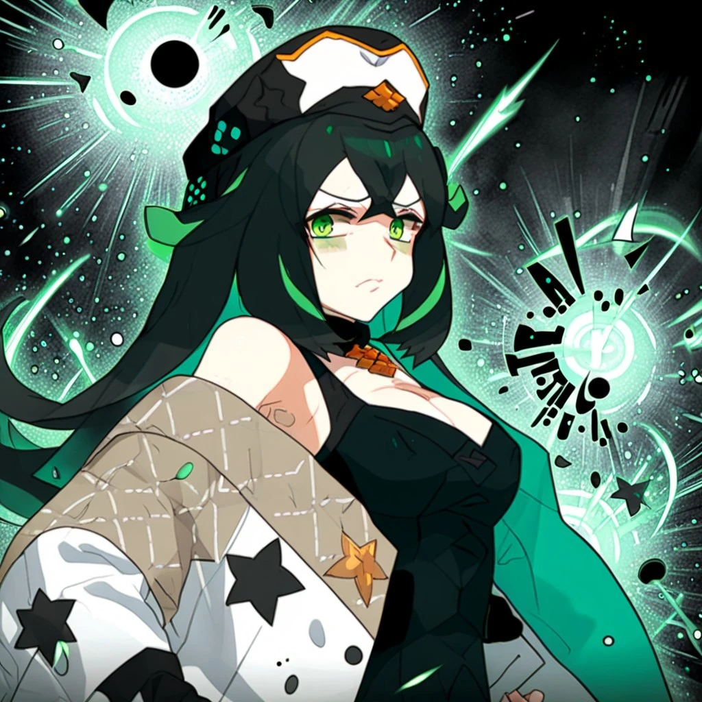 score_9, score_8_up, score_7_up, solo, source_anime, philia_wf, pwf_meteor, black hair, green highlights, green eyes, hat, black dress, coat, bare shoulders,punching monochrome, manga_style , dynamic shot, high quality, cowboy shot,