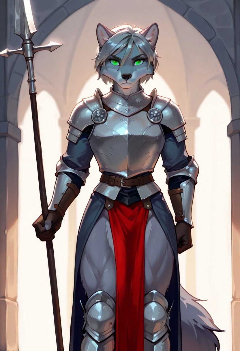 score_9, score_8_up, score_7_up, source_furry, high quality, perfection, detailed, aesthetic, dark lighting,
1girl, solo, standing, urta, furry, grey fur, fox, green eyes, grey hair, female, short hair, armor, standing, breastplate, medieval, greaves, holding polearm, large female, muscular female, three-quarter portrait