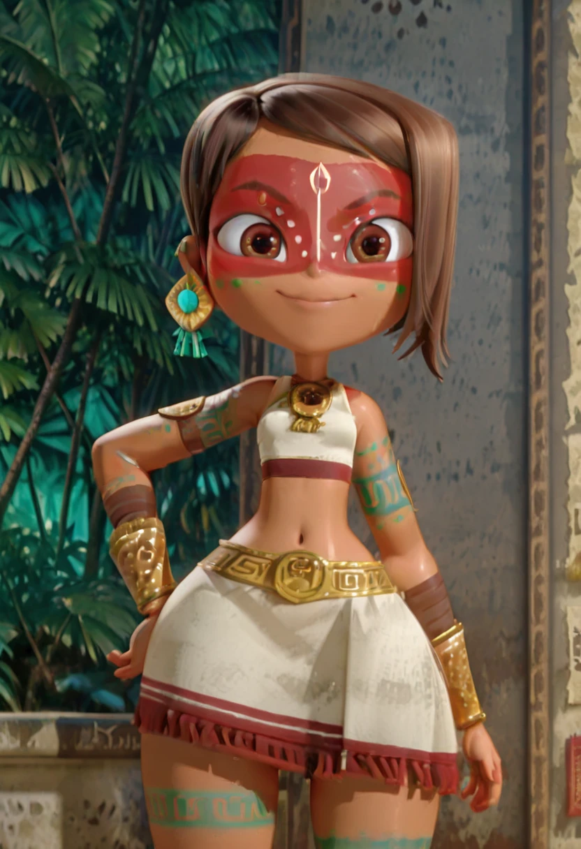 masterpiece, best quality, solo, curvy, beautiful eyes, zzMaya, brown hair, brown eyes, facepaint, bodypaint, jewelry, earrings, skirt, crop top, necklace, bracelet, <lora:MayaAndTheThreeIXL:1.0>,, smile, looking at viewer, cowboy shot, <lora:HaradaTakehitoIXL_v3:0.8>, <lora:ZankuroIXLLight_v2:0.3>, <lora:SpicyIXL:0.6>,