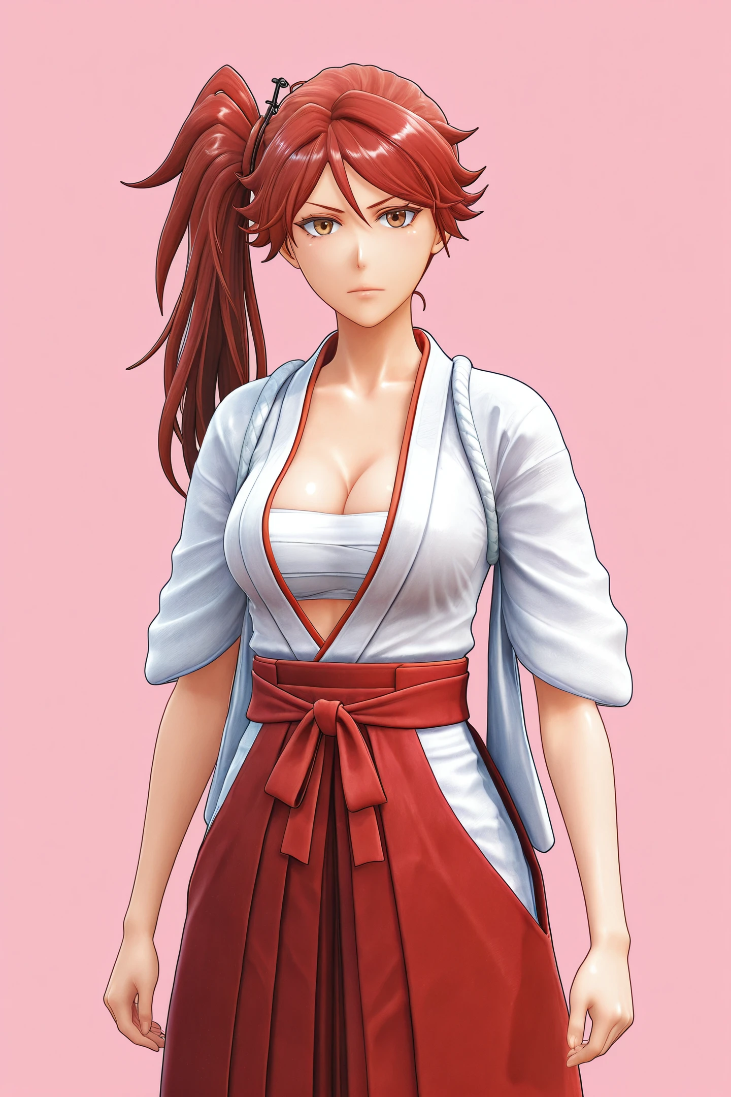 Game CG Style,Hatsuho Shinonome,1girl,side ponytail,long hair,brown eyes,japanese clothes,looking at viewer,red hair,japanese clothes,sarashi,breasts,hakama skirt,cleavage,simple background,
<lora:New Sakura Wars_illustriousXL:1>,