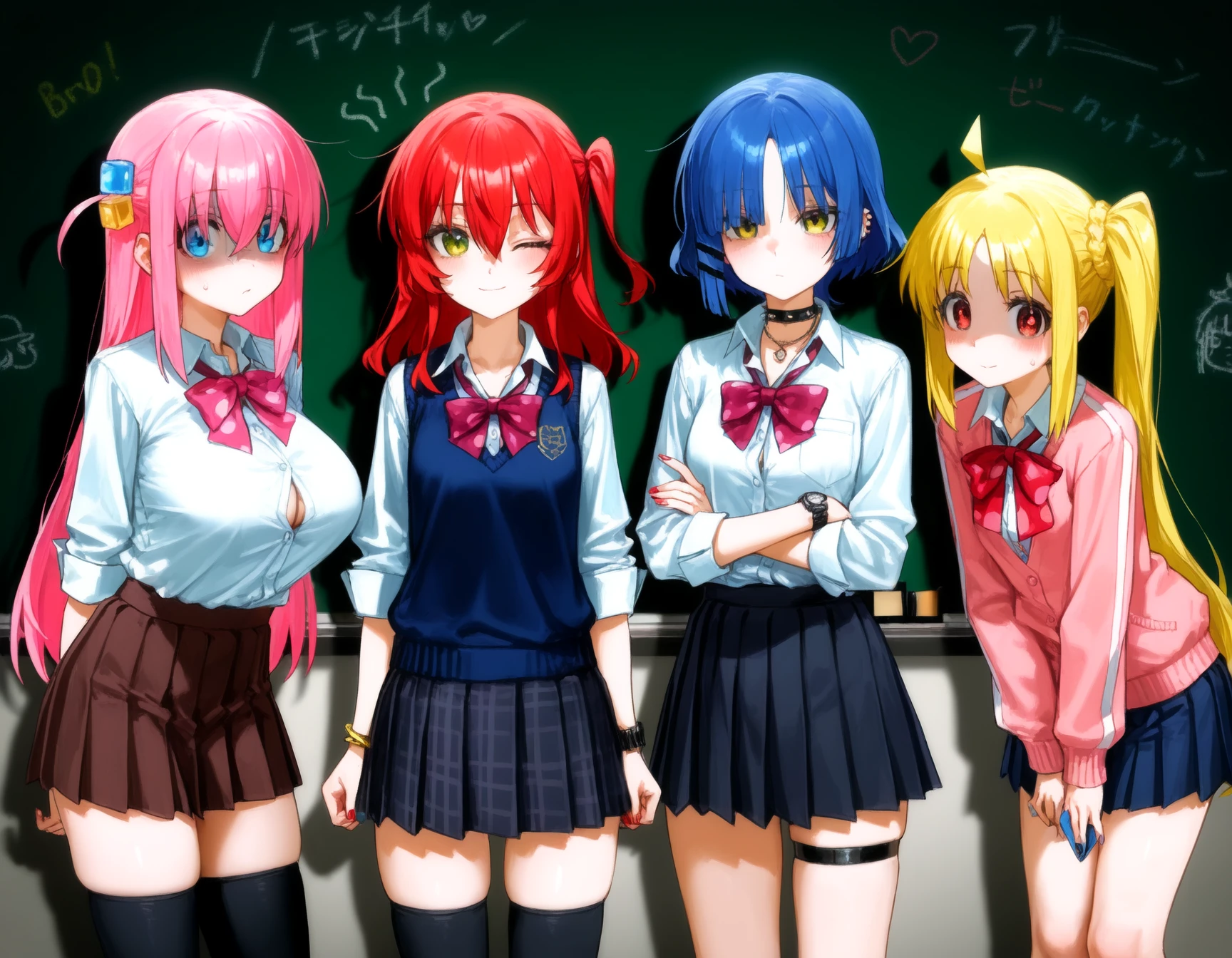 (aogisa:0.52), (as109:0.82), (dagasi:0.56), (yoneyama mai:0.74), (dino \(dinoartforame\):1.04), (quasarcake:1.2), (naga u:0.69), (tianliang duohe fangdongye:0.8),
4girls, gotoh hitori, ijichi nijika, kita ikuyo, yamada ryo, kessoku band, adapted costume, ahoge, blonde hair, blue eyes, blue hair, blue nails, blush, breasts, brown jacket, chalkboard, crossed arms, cube hair ornament, green eyes, gyaru, hair ornament, jacket, kneehighs, large breasts, leg warmers, long hair, looking at viewer, medium hair, miniskirt, nail polish, orange eyes, pantyhose, pink hair, pink jacket, red hair, shirt, side ponytail, skirt, smile, thick thighs, thighhighs, thighs, very long hair, white shirt, yellow eyes, zettai ryouiki, arms at sides, arms behind back, bangle, black choker, black ribbon, black shorts, black skirt, black thighhighs, blue skirt, blue vest, bow, bowtie, bracelet, bright pupils, brown skirt, button gap, cellphone, chain, choker, cleavage, collared shirt, cowboy shot, diamond-shaped pupils, diamond \(shape\), ear piercing, fingernails, hair between eyes, heart, heart necklace, holding, holding phone, huge breasts, jewelry, kogal, lace-trimmed choker, lace trim, leaning forward, long sleeves, loose necktie, neck ribbon, necklace, necktie, one eye closed, one side up, phone, piercing, pink bow, pink bowtie, plaid clothes, plaid skirt, pleated skirt, polka dot bowtie, red bow, red bowtie, red nails, ribbon, ring, school uniform, shaded face, shirt tucked in, shy, sidelocks, skindentation, sleeves rolled up, smartphone, spiked choker, spikes, sweatdrop, symbol-shaped pupils, tented shirt, thigh strap, v, v arms, vest, watch, wristband, wristwatch,
masterpiece, best quality, amazing quality, very awa, absurdres, very aesthetic
