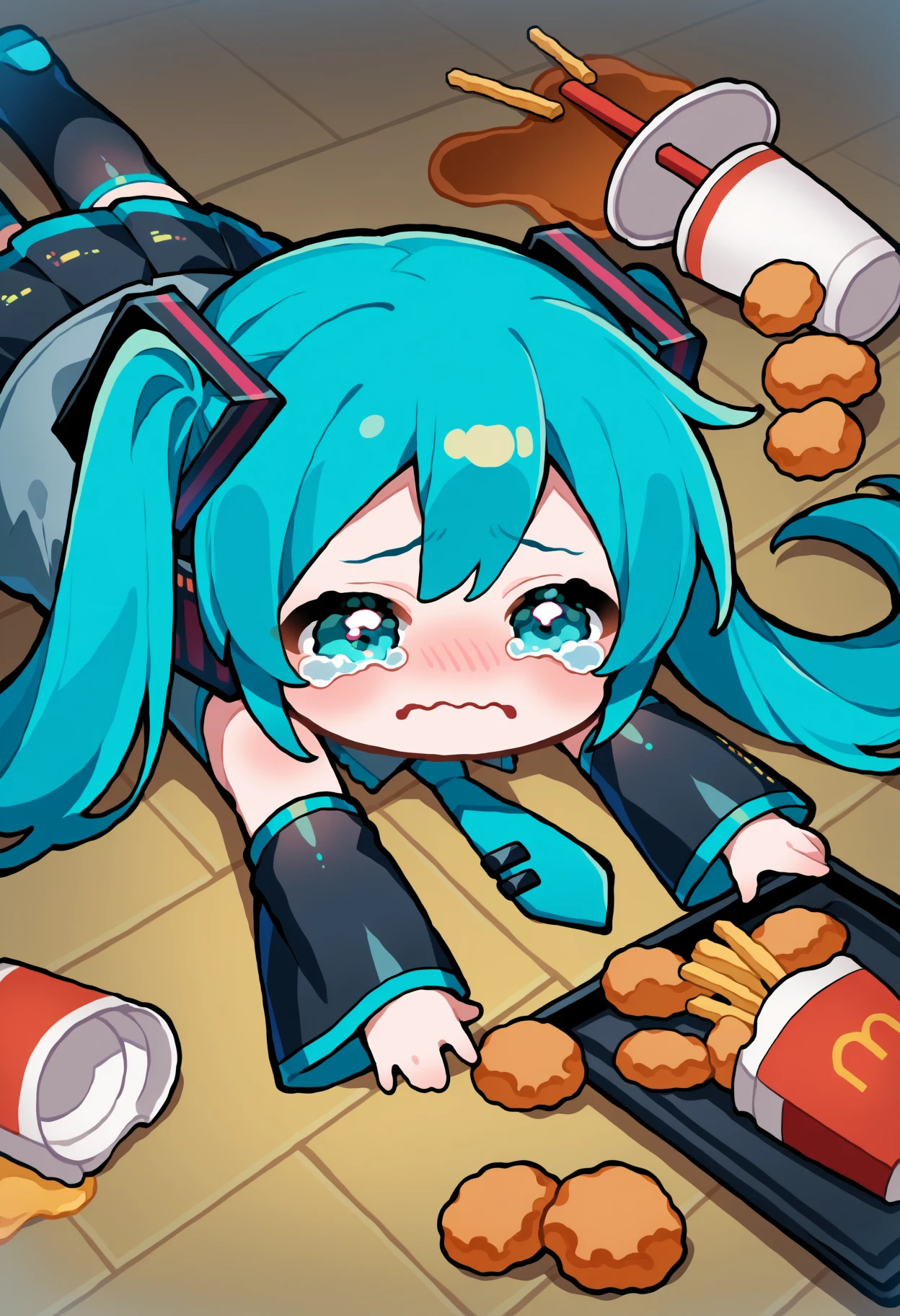 masterpiece, best quality, high quality, apuspills, 1girl, hatsune miku, chibi, aqua hair, aqua eyes, necktie, bare shoulders, grey shirt, detached sleeves, collared shirt, black thighhighs, pleated skirt, tears, on stomach, wavy mouth, lying, on floor, fallen down, crying with eyes open, tray, french fries, chicken nuggets, disposable cup, spill,<lora:apu_spills_his_tendies_meme-10-NOOB-EPS:1>