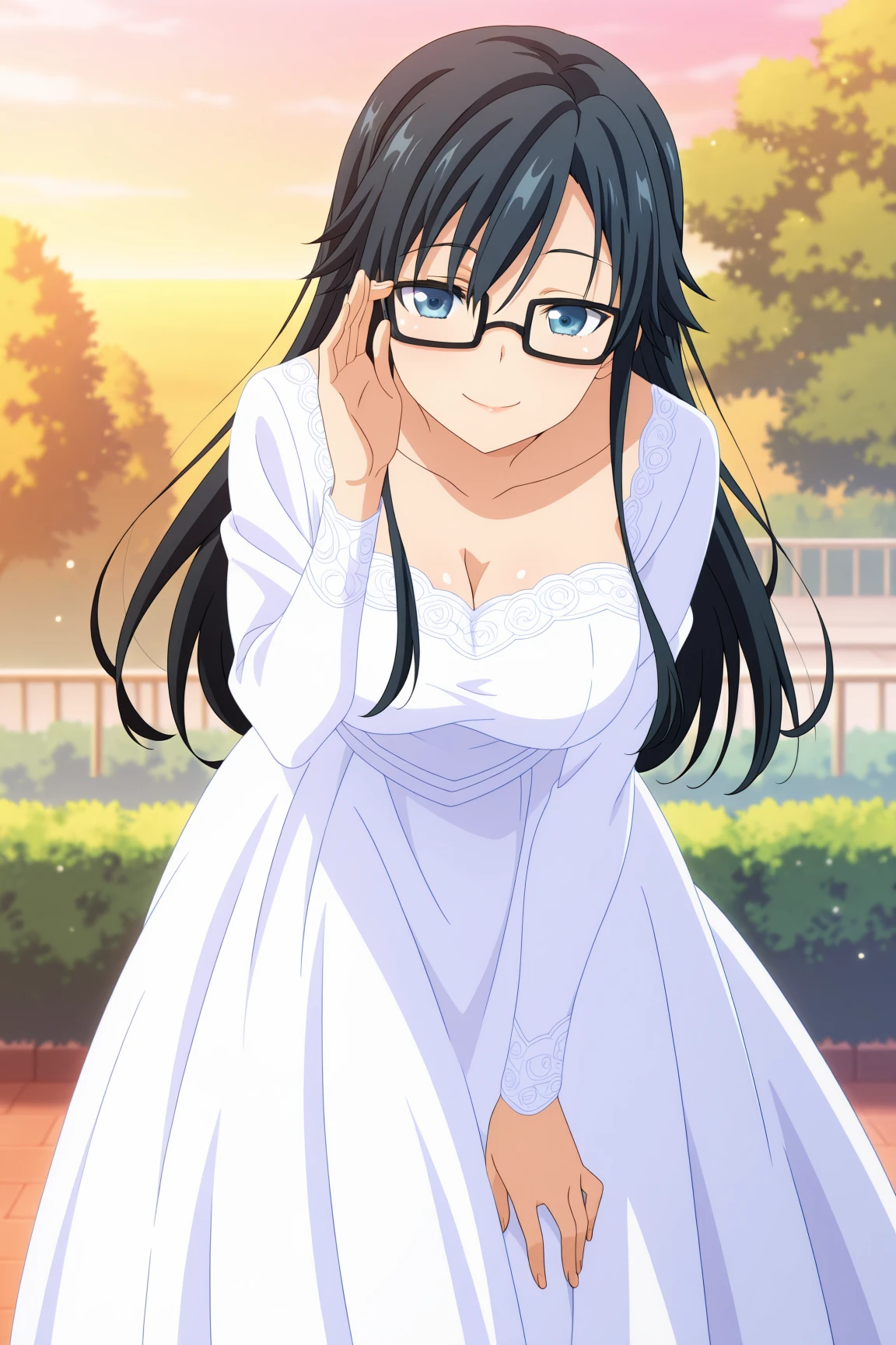 best quality, official art, anime screenshot, anime coloring, wedding dress, full dress, long sleeves, 1girl, solo, breasts, long hair, black hair, blue eyes, sanshokuin_sumireko <lora:RGV_Pansy_ORSK:0.9>, , outdoor, leaning forward, hand n hip, glasses, adjusting eyewear, smile, looking over eyewear, looking at viewer