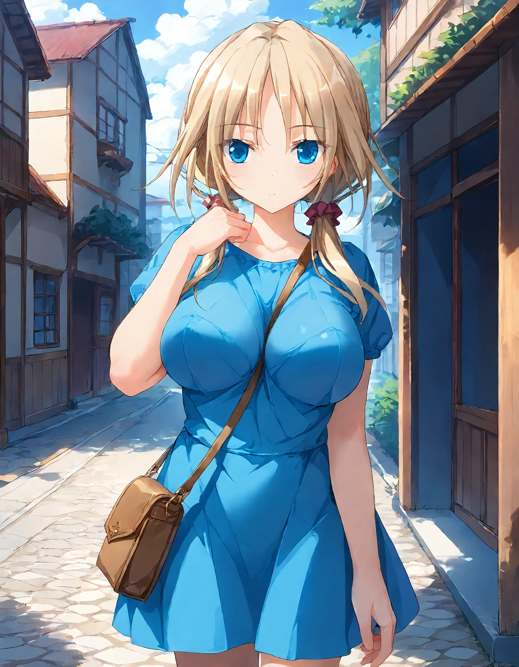score_9, score_8_up, score_7_up, source_anime, <lora:add-detail-xl:1>, good , masterpiece, amazing quality, ultra detailed, good hand
BREAK 1girl, dress, one-piece dress, walking, in town, <lora:pai-sura:0.7> pai-sura, emphasis, slant bag, bag strap passing between ,
BREAK <lora:yayoi-b-lutwidge_Hapymaher_Purple_Software v2:0.8> yayoi-b-lutwidge, blue eyes, , blond hair, long hair, low twintails, hair scrunchie, red scrunchie,
