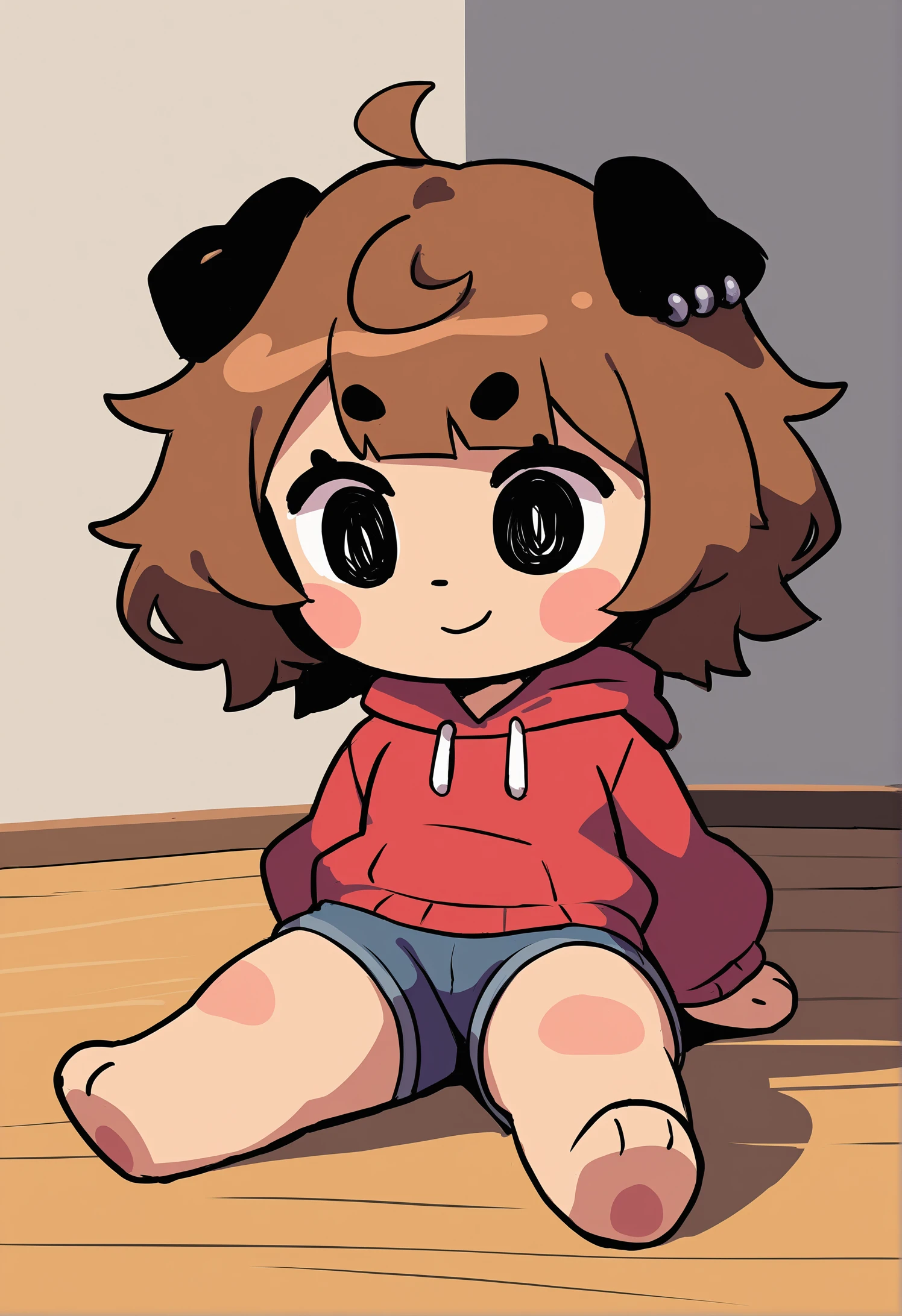 <lora:style_beegsmol_noobAIXL11EPS-GLoRA:1> (chibi:1.2), full body, blush stickers, black eyes, <lora:mimi-NAIXL-EPS-v1:0.6> mimityph, sitting, on ground, hoodie, shorts, brown hair, short hair, short eyebrows, thick eyebrows, eyebrows visible through hair, dog ears, animal ears, droopy ears, ear piercing, jewelry, smile, indoors, wooden floor, (zPDXL3:0.8), uncensored, very awa, masterpiece, best quality, newest, highres, absurdres