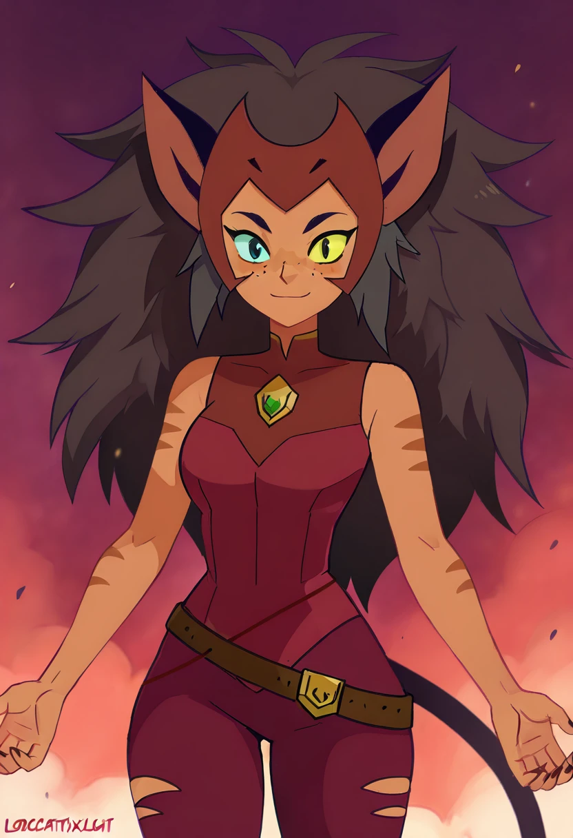 masterpiece, best quality, solo, curvy, beautiful eyes, zzCatra, green eyes, yellow eyes, multicolored hair, cat girl, furry, big hair, brown hair, long hair, animal ears, cat ears, heterochromia, colored sclera, yellow sclera, dark skin, freckles, blue eyes, sleeveless, belt, torn clothes, tail, black hair, pants, , <lora:CatraShera_IXL:1.0>, , smile, looking at viewer, cowboy shot, <lora:HaradaTakehitoIXL_v3:0.8>, <lora:ZankuroIXLLight_v2:0.3>,