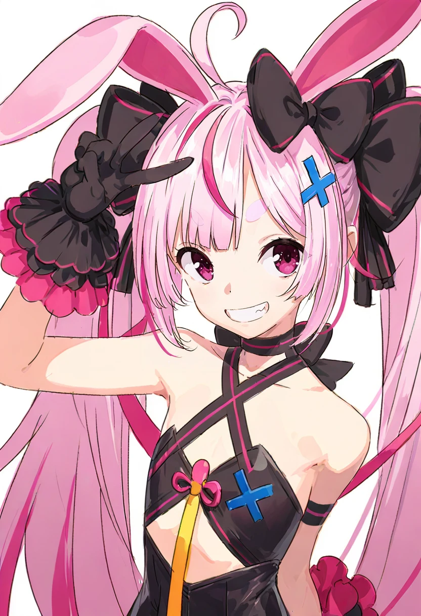 1girl, virtual youtuber, solo, gloves, animal ears, rabbit ears, pink hair, smile, v, long hair, black gloves, hair ornament, x hair ornament, white background, thick eyebrows, simple background, short eyebrows, bow, twintails, looking at viewer, bare shoulders, hair bow, pink eyes, grin, ahoge, very long hair, black bow, upper body, hand up, bangs, choker, flat chest <lora:pakoXL_il1_lokr_V6311P:0.95>