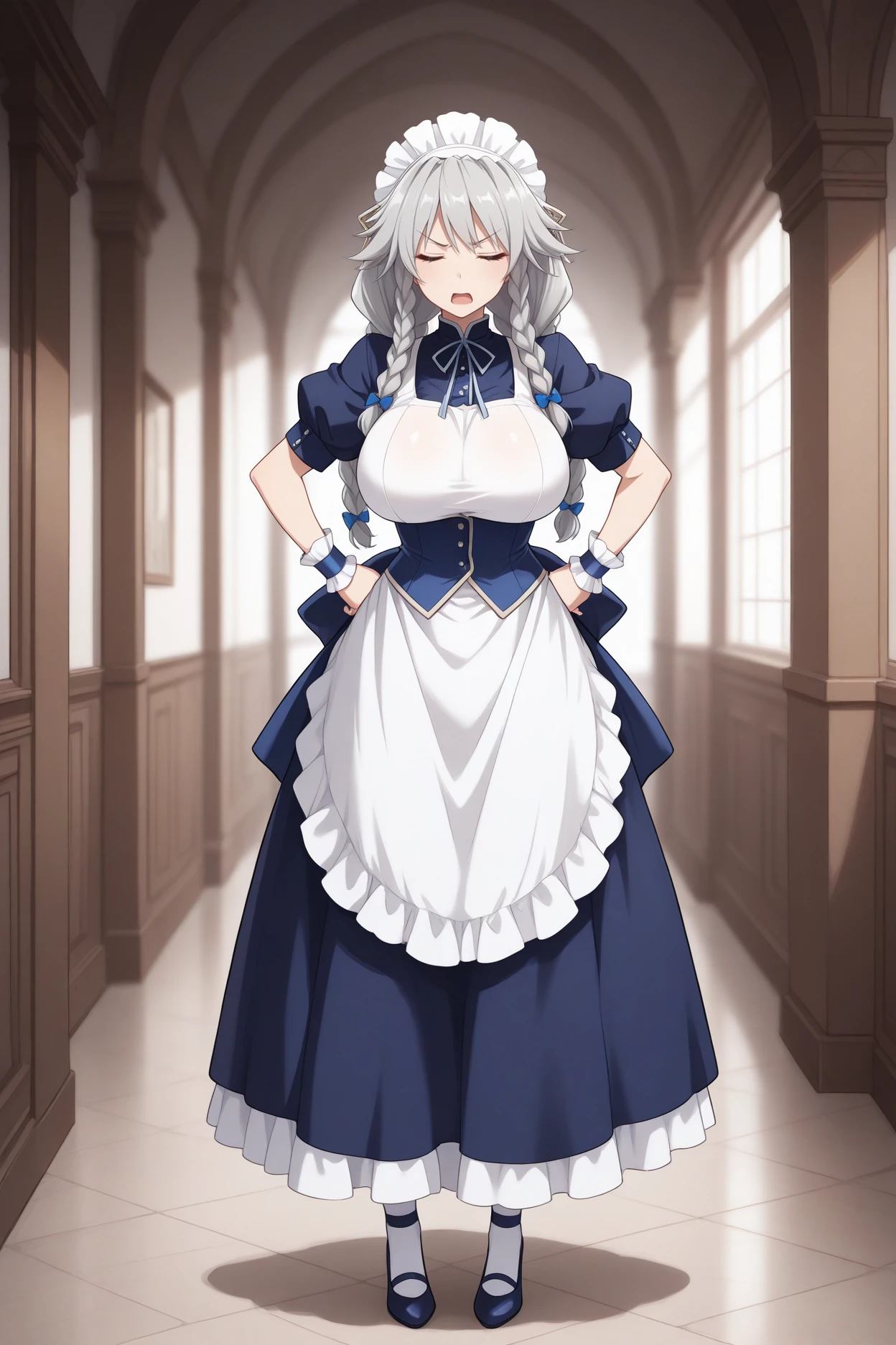 masterpiece, best quality, 1girl, solo, <lora:grayfialucifuge-illu-nvwls-v1-000006:1> gflcfg, grey hair, twin braids, long hair, big breasts, white headdress, hair bow, dark blue dress, neck ribbon, white shirt, dark blue corset, puffy short sleeves, white apron, wrist cuffs, hands on hips, full body, looking at viewer, open mouth, annoyed, closed eyes, indoors, mansion