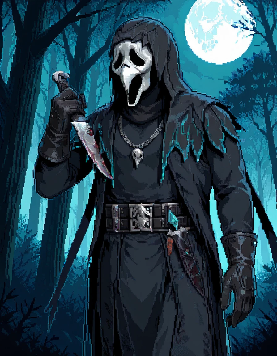 <lora:Ghost_Face_Nevermore_Skin_Dead_by_DaylightIIIustrious:0.8>mask, belt, moon, necklace, gloves, tree, jewelry, hood, coat, solo, 1knife, 1boy, black gloves, raising knife, full moon, ghost face, forest <lora:Pixel_Art Illustrious:0.8> Pixel_Art