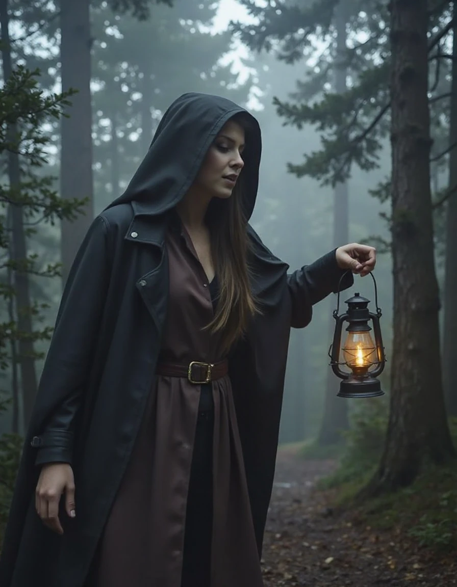 - A woman gripping a lantern in a dense, fog-covered forest, her expression a mix of fear and determination. Shadows dance around her as she steps cautiously forward, dressed in a long, hooded cloak. <lora:miriamhamberg:1>,<lora:a_Turbo-Alpha:1>,