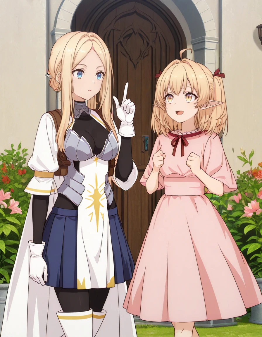 masterpiece, best quality, amazing quality, 2girls, garden, talking, looking at each other, soft lighting, BREAK
1girl, <lora:krishna-yami_healer_s1-ixl-anime-soralz:0.8>, krishna (yami healer), long hair, blonde hair, parted bangs, sidelocks, straight hair, blue eyes,
black bodysuit, white sleeves, puffy sleeves, brown straps, white gloves, breastplate, armor, white cape, blue pleated skirt, black pantyhose, white legwear, pointing up, looking at another, walking, happy, medium breasts,
BREAK
1girl, <lora:lily-yami_healer_s1-ixl-anime-soralz:0.8>, lily (yami healer), long hair, blonde hair, ahoge, short hair, twintails, two side up, hair intakes, hair ribbon, pointy ears, yellow eyes, pink dress, short sleeves, neck ribbon, looking at another, talking, clenched hands, walking, happy,