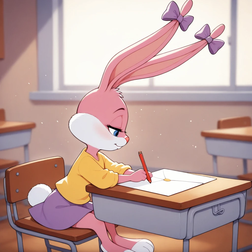<lora:BabsBunnyOr9_YM:0.7>, solo, Babs, cub, bunny, girl, blue eyes, pink nose, pink body, pink head, pink ears, pink legs, white cheeks, white feet, white tail, erect ears, yellow T-shirt, purple skirt, purple bows on the ears, mouth closed, squinting, sitting at a desk, at school, writing a letter, profile view
BREAK, masterpiece, best quality, high quality, particles effect, [:by Desubox:0.15], [:by Anchee, by Snowskau:0.55], detailed background, detailed foreground, depth of field, backlighting