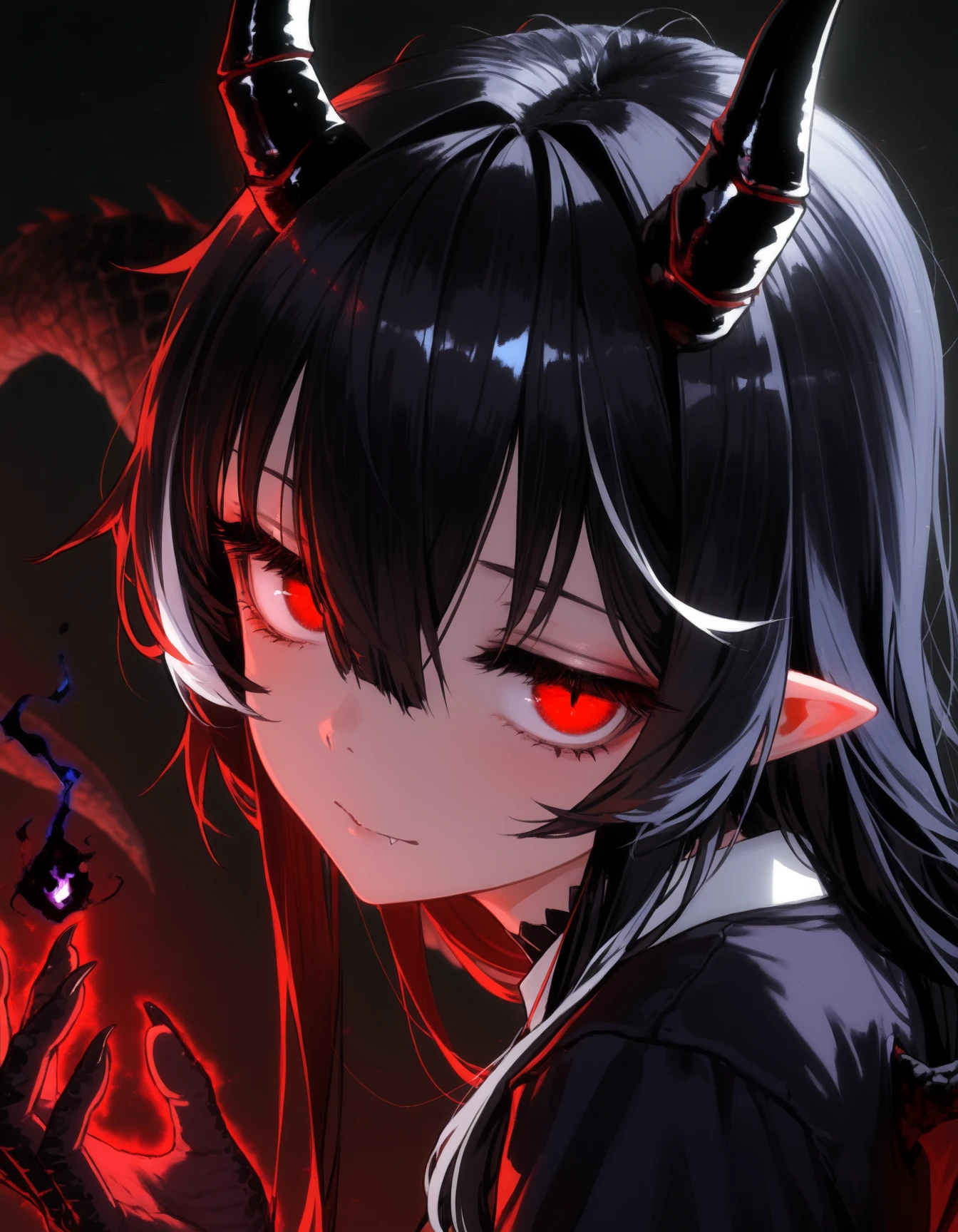 john kafka, dino \(dinoartforame\), shiokonbu, ayagi daifuku, (betabeet, lam \(ramdayo\), torisan:0.25), red theme, white highlights,
1girl, dragon girl, monster girl, black scales, [black horns|demon horns], [dragon wings|mini wings], dragon tail, red eyes, pointy ears, black hair, (purple hair, red hair:0.25), long hair, messy hair, hair between eyes, fanged bangs, jitome, doyagao, magic, black fire, upper body, from side, perspective, dutch angle, looking at viewer, close-up, face focus,
masterpiece, best quality, amazing quality, very awa, absurdres, very aesthetic, dramatic lighting, refraction, rim lights, backlighting, bloom, dark, shaded,