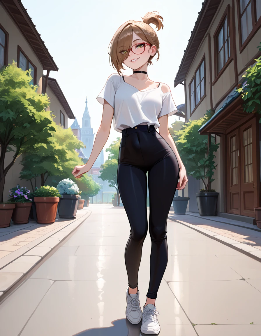 masterpiece, best quality, very aesthetic, absurdres,
outdoors,
full body, posing,
seductive smile, parted lips, long eyelashes,
<lora:Darcy_Redd_v01_NAIXL:1>
D4rcy_r3dd,1girl,solo,short hair,brown hair,ponytail,hair over one eye,red-framed eyewear,green eyes,mole under eye,choker,