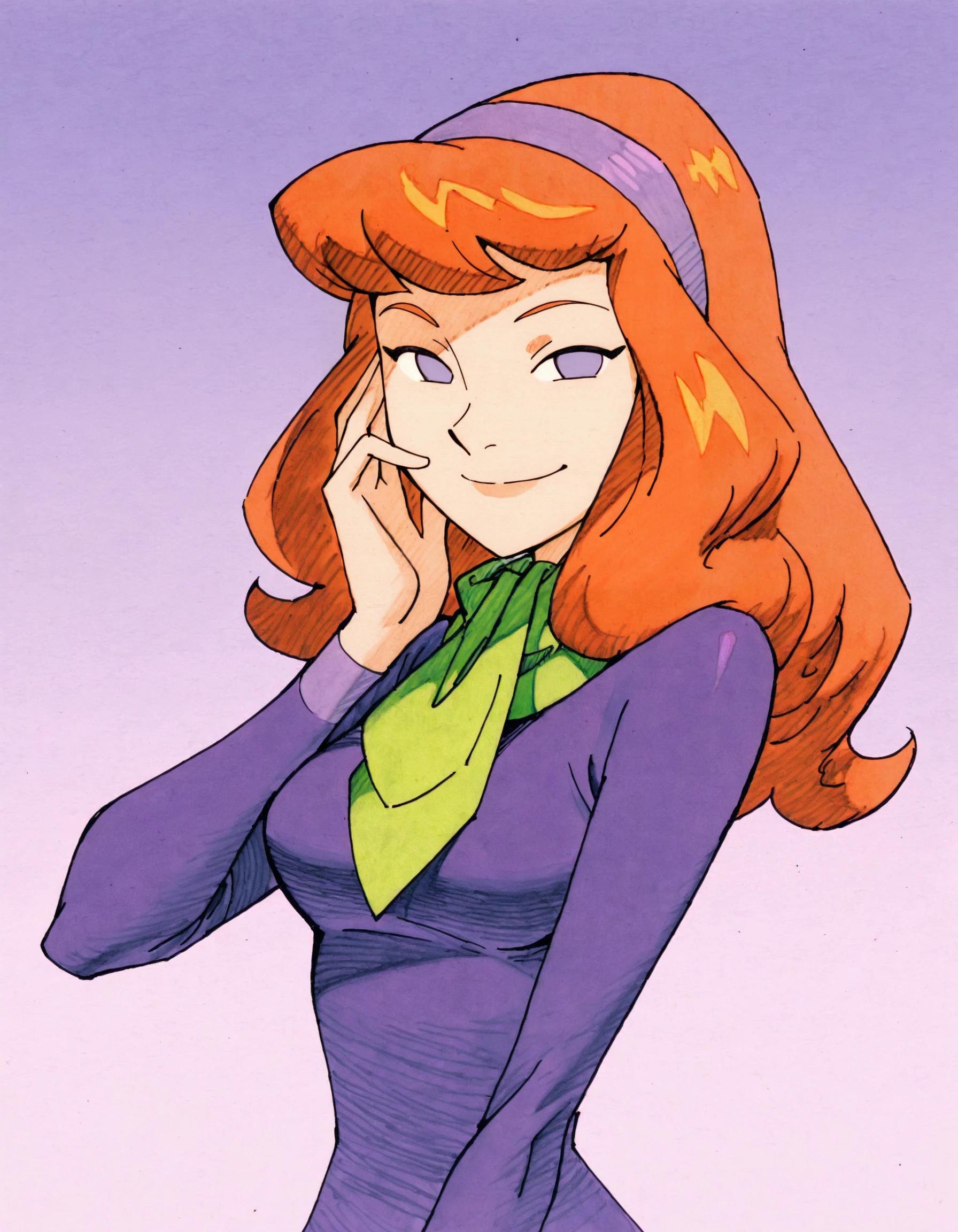 masterpiece, high quality,
traditional media,
mvcill,
gradient background,
daphneb, 1girl, solo, long hair, hairband, orange hair, purple dress, purple eyes, green scarf, smile,upper body, hand on own face, looking at viewer, medium breasts, no pupils,
<lora:mvcill3-000007:1>
<lora:DaphneMIIllustrious1.0JLFO:0.5>