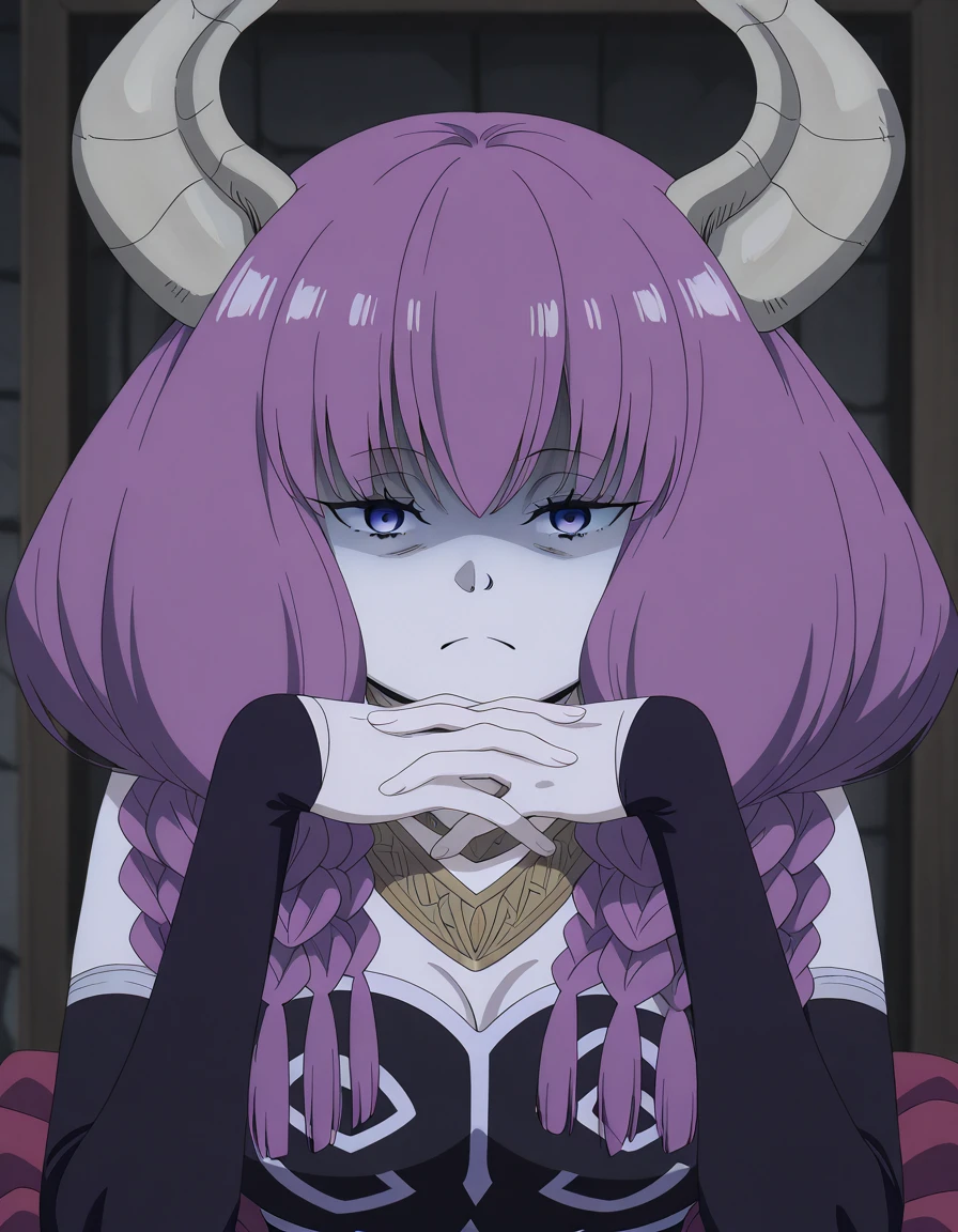 masterpiece, best quality, amazing quality,, <lora:aura-the-guillotine-s1-illustriousxl-lora-nochekaiser:1>, aura the guillotine, aura (sousou no frieren), long hair, purple eyes, purple hair, braid, horns, twin braids, mature female, medium breasts, anime screencap, <lora:gendou-pose-illustriousxl-lora-nochekaiser:1>, gendou pose, own hands clasped, own hands together, parody, shaded face, looking at viewer, frown, elbow rest,, , ,