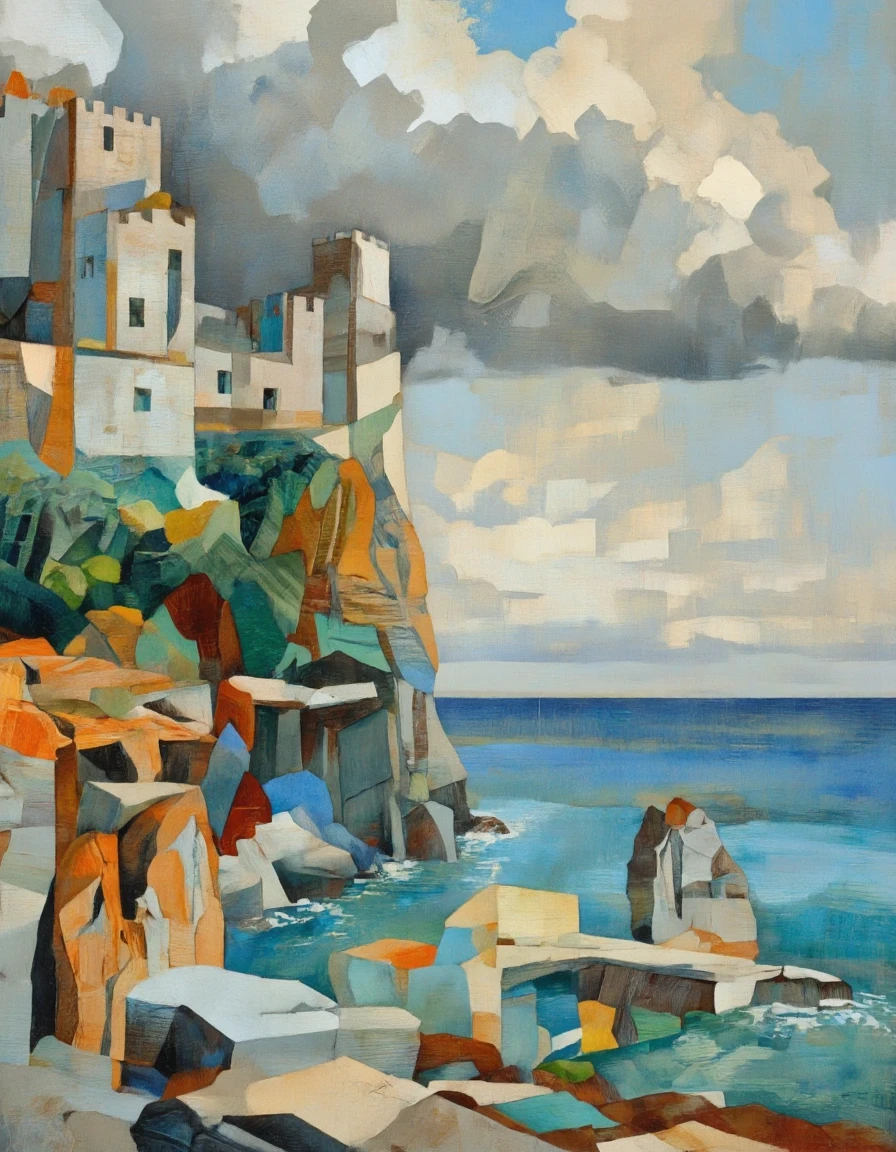 A colorful, abstract painting of a serene landscape featuring a rocky cliff with a castle perched on top, set against a backdrop of a vast expanse of blue ocean and a cloudy sky. the painting is composed of geometric shapes in various shades of blue, green, and orange, creating a mosaic-like effect. on the left side of the image, the castle stands tall against the rocky cliff, with its towers reaching out towards the horizon. the castle is surrounded by a mix of abstract shapes, including squares, rectangles, and rectangles that create a sense of depth and dimensionality. the sky is filled with fluffy white clouds, adding to the serene atmosphere of the scene. the overall effect is one of tranquility and serenity, with the colors blending together seamlessly to create a visually striking composition.
