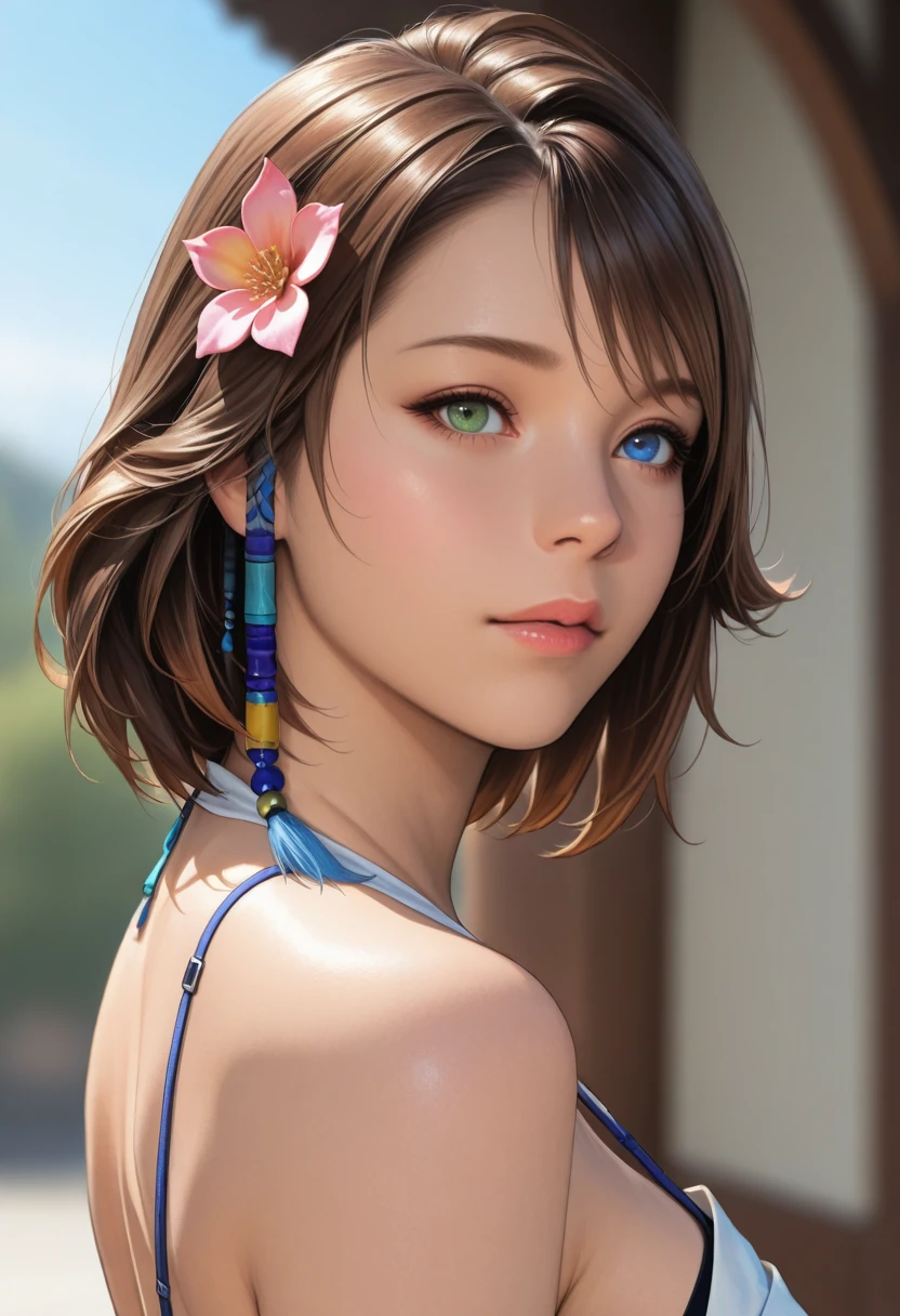 masterpiece, very aesthetic, best quality, absurdres, newest, solo,
<lora:ILFFYuna:1>
FFYuna, 1girl, brown hair, short hair, blue eyes, green eyes, heterochromia, looking at viewer, hair flower, hair ornament, realistic, bare shoulders, blurry background, upper body
