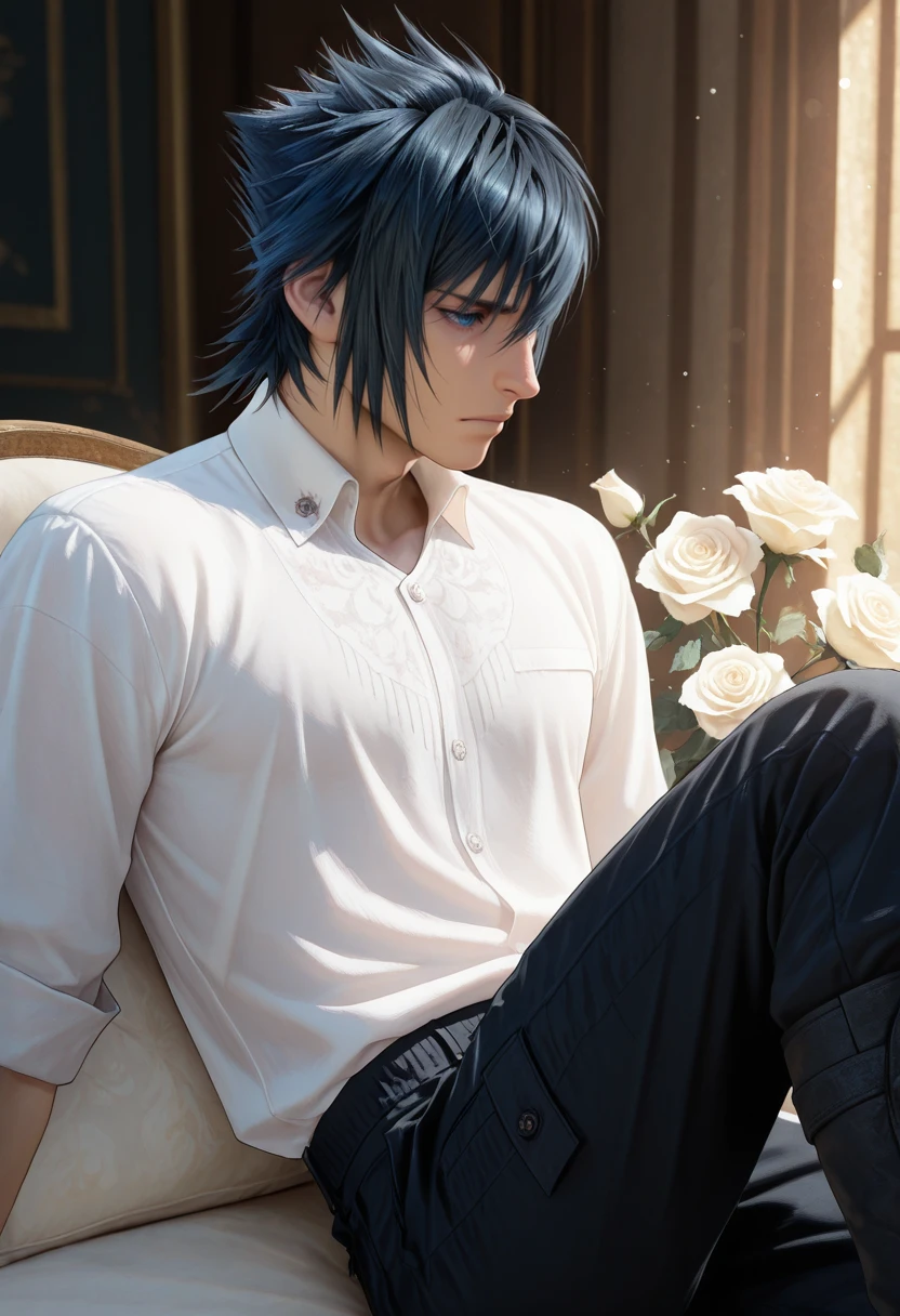 masterpiece, very aesthetic, best quality, absurdres, newest, solo,
<lora:ILFFNoctis:1>
FFNoctis, 1boy, black hair, short hair, blue eyes, male focus, white flower, white rose, black pants, white shirt, sitting, knee up, looking back, closed mouth, from behind, light particles, reclining, bishounen, collared shirt