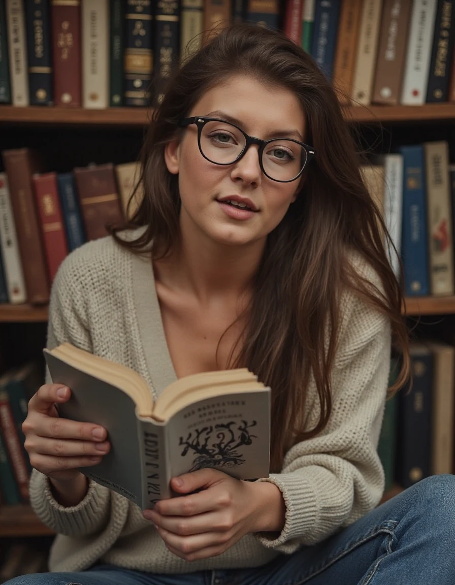 - A woman sitting on the floor of an old bookstore, deeply engrossed in a worn novel. Her expression shows fascination and curiosity, her glasses slipping slightly down her nose as she wears an oversized sweater. <lora:miriamhamberg:1>,<lora:a_Turbo-Alpha:1>,