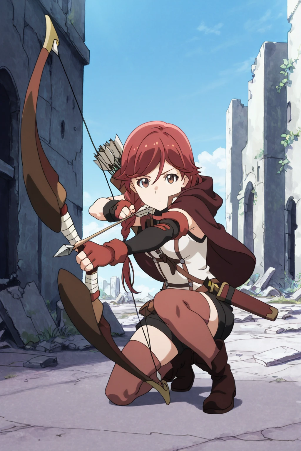 anime screenshot,watercolor,best quality,extremely detailed cg unity 8k wallpaper,ray tracing, cinematic lighting,dynamic pose,ruins,outdoors,sky,one_knee,drawing_bow,arrow,quiver,scabbard,yume1,thighhighs, fingerless_gloves, boots,cape,red_hair,single_braid,brown_eyes,<lora:yume_ill:0.9>
