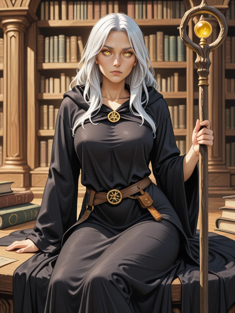 solo,
looking at the viewer,
sitting in a library
<lora:Raistlin_Majere__Dragonlance:0.7>
raistlin,,
brobe, black robe,
long hair, white hair, yellow eyes, ,
feminine, female
wizard,, staff,