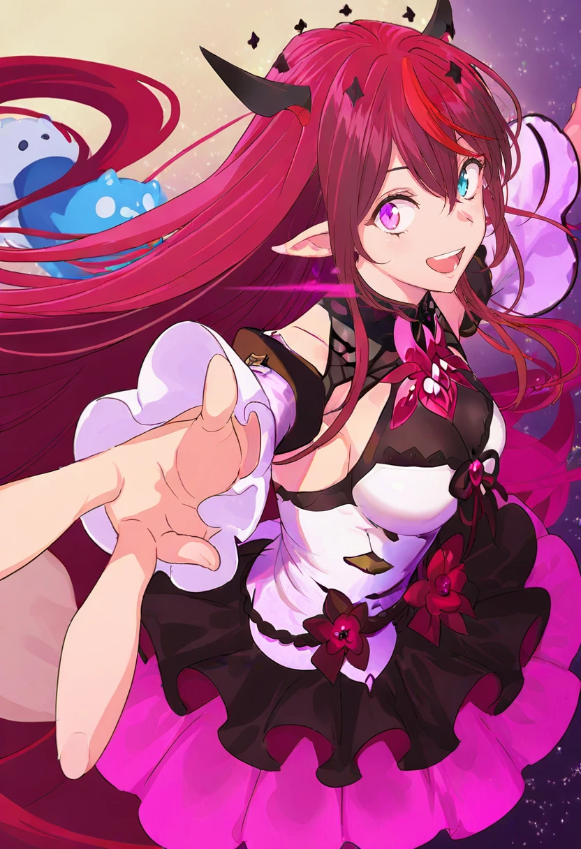 1girl, irys \(hololive\), long hair, virtual youtuber, very long hair, blue eyes, horns, heterochromia, purple eyes, detached sleeves, open mouth, smile, red hair, solo, looking at viewer, breasts, outstretched arms, dress, bangs, multicolored hair, skirt, medium breasts, purple hair, hair between eyes, :d, pointy ears <lora:pakoXL_il1_lokr_V6311P:0.95>