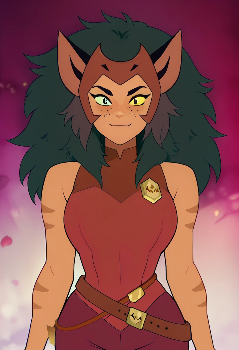 masterpiece, best quality, solo, curvy, beautiful eyes, zzCatra, green eyes, yellow eyes, multicolored hair, cat girl, furry, big hair, brown hair, long hair, animal ears, cat ears, heterochromia, colored sclera, yellow sclera, dark skin, freckles, blue eyes, sleeveless, belt, torn clothes, tail, black hair, pants, , <lora:CatraShera_IXL:1.0>, , smile, looking at viewer, cowboy shot, <lora:IckpotIXL_v1:1.0>,