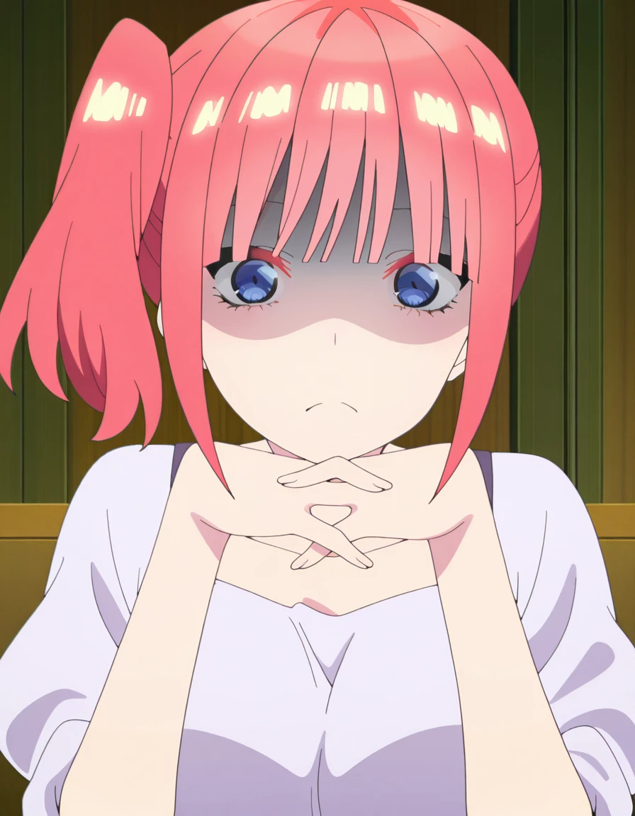 masterpiece, best quality, amazing quality,, <lora:nino-nakano-honeymoon-illustriousxl-lora-nochekaiser:1>, nino nakano, short hair, bangs, blue eyes, pink hair, blunt bangs, side ponytail, mature female, breasts, anime screencap, <lora:gendou-pose-illustriousxl-lora-nochekaiser:1>, gendou pose, own hands clasped, own hands together, parody, shaded face, looking at viewer, frown, elbow rest,, , ,