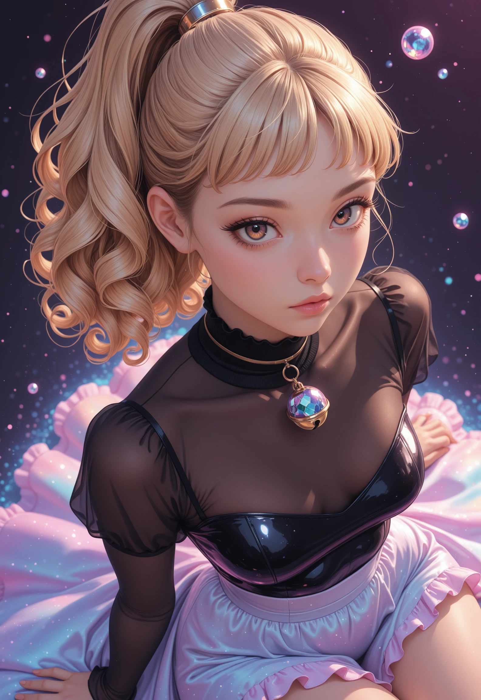 masterpiece, detailed_eyes, high_quality, best_quality, highres, absurdres, 8k, subject_focus, depth_of_field, PG,
close_up, portrait, 1girl, woman, blonde_hair, brown_hair, curly_hair, ponytail, long_hair, hair_behind_ear, short bangs, mascara, long_lashes, sultry_gaze, small_waist, saggy_breasts, small_breasts, wide_hips, thick_thighs, slim, frilly_dress, turtleneck_dress, choker, bell,
vaporwave_colors, Twilight clouds, kaleidoscopic fragments, kaleidoscopic_crystals, neon particles, black_background, flirty, suggestive_pose, side_view, high_angle, dynamic_view, summer_breeze,
