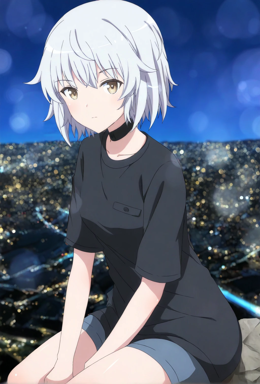 1girl, aila_paivikki_linnamaa, cyan hair, short hair, t-shirt, sitting on a rock, overlooking, night sky, city background, BREAK upper body, bokeh, tk-lwshft, (newest-masterpiece-best-quality-highres-absurdres:1.1) <lora:lwitches-stylev25-epoch-000007:1>, <lora:lwitches-epoch-000010:0.9>