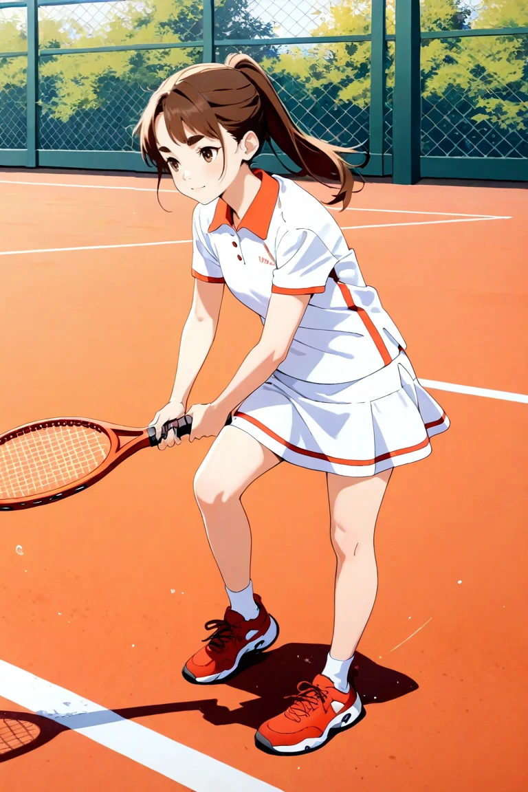 1The girls、shirts、preated skirt、17yearsold、Bob Hair Style、smile on face、delightful!、Japanese people、enmaided、Chromo-white skin、Beautiful Eyes、(small tits)、Playing tennis、Wimbledon、(Wearing white tennis wear)、Bright lighting、Vents、the sun、