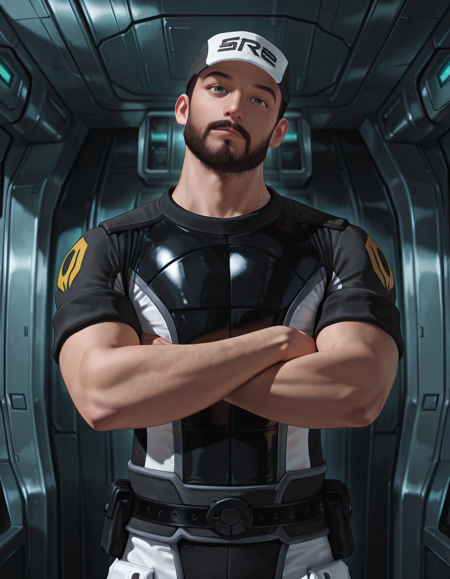 masterpiece, best quality, absurdres, newest, perfect quality, best quality, detailed background, male focus, realistic, <lora:Mass Effect 2 - Joker - Illustrious-000008:0.7>, jmoreau, 1boy, brown hair, very short hair, green eyes, beard, mustache, uniform baseball cap, uniform shirt, sleeves rolled up, belt, uniform pants, spacecraft interior, looking at viewer, head tilt, standing, crossed arms, three quarter view, upper body