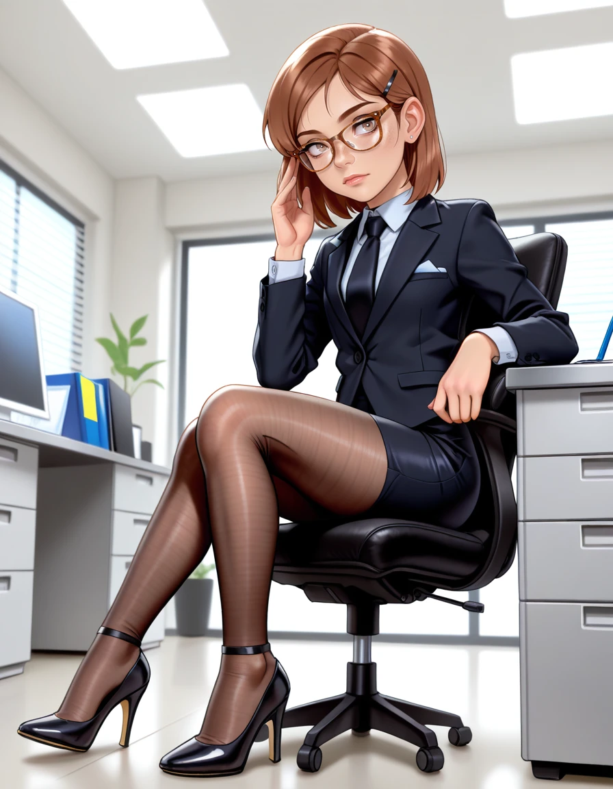 masterpiece, best quality, very aesthetic, absurdres,
indoors, office,
full body, long eyelashes,
<lora:Megan_v01_NAIXL-000012:1>,
M364n,1girl,brown hair,short hair,hairclip,glasses,brown eyes,freckles,office lady,necktie,suit,pencil skirt,brown pantyhose,high heels,
